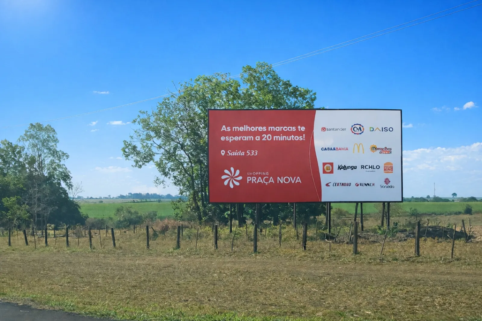 Painel rodoviário 6x12 do Shopping Praça Nova na Rodovia Marechal Rondon, Saída 533, Glicério/Penápolis