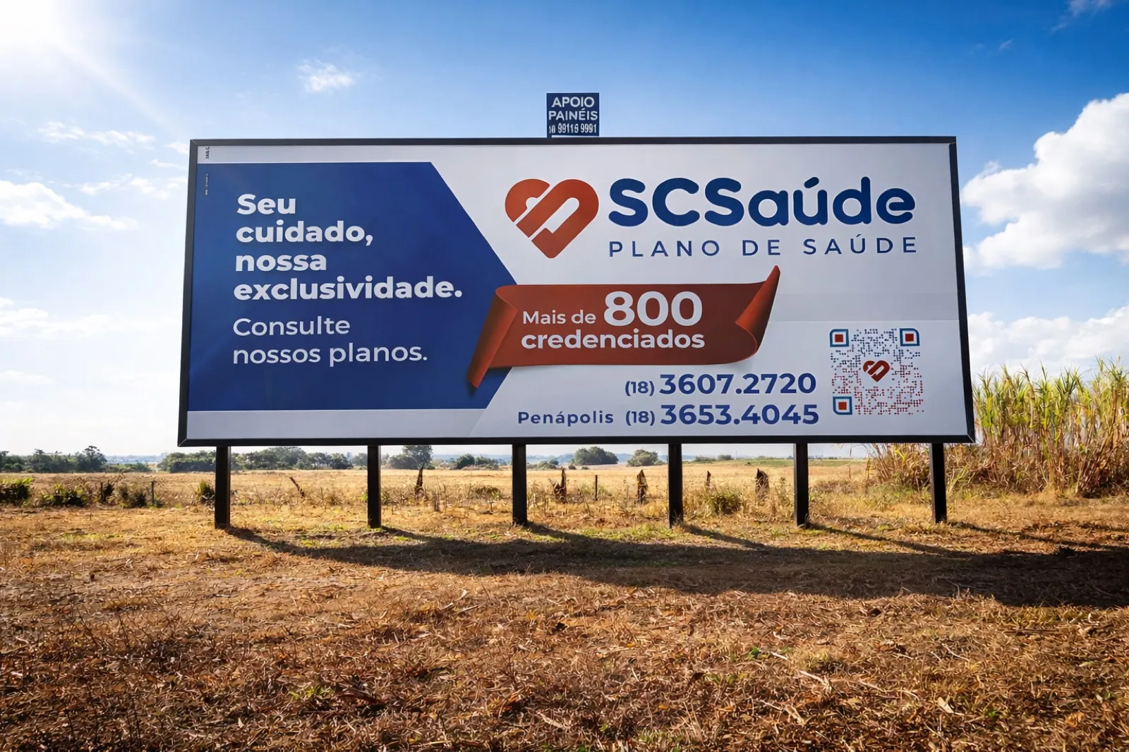 Painel rodoviário 6x12 da SCSaúde (Santa Casa) próximo ao pedágio Penápolis/Glicério, Rodovia Marechal Rondon