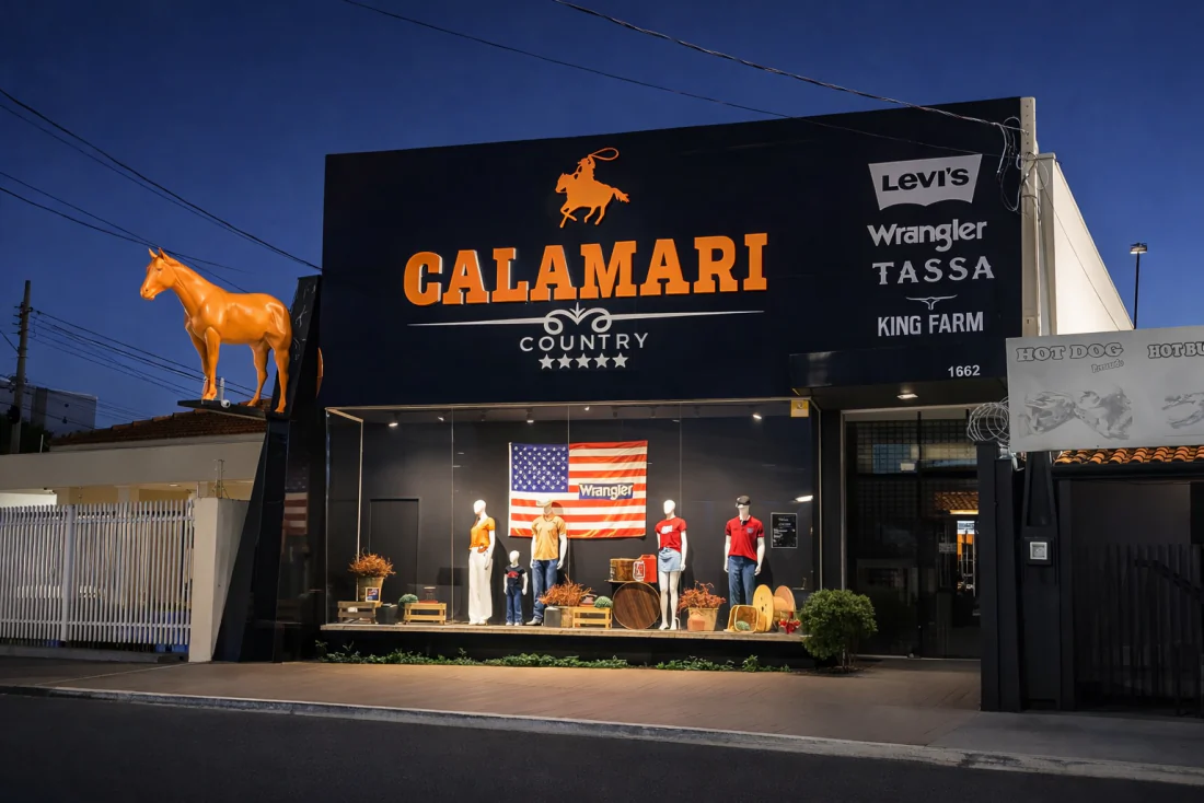 Fachada comercial iluminada com presença visual do ponto