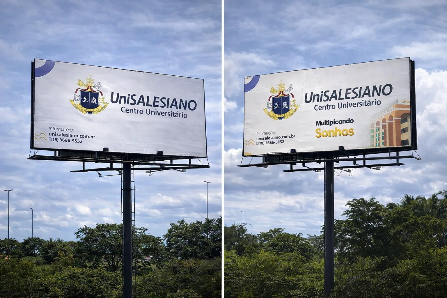 Luminoso UniSALESIANO em estrutura elevada: outdoor backlit com leitura frontal da marca